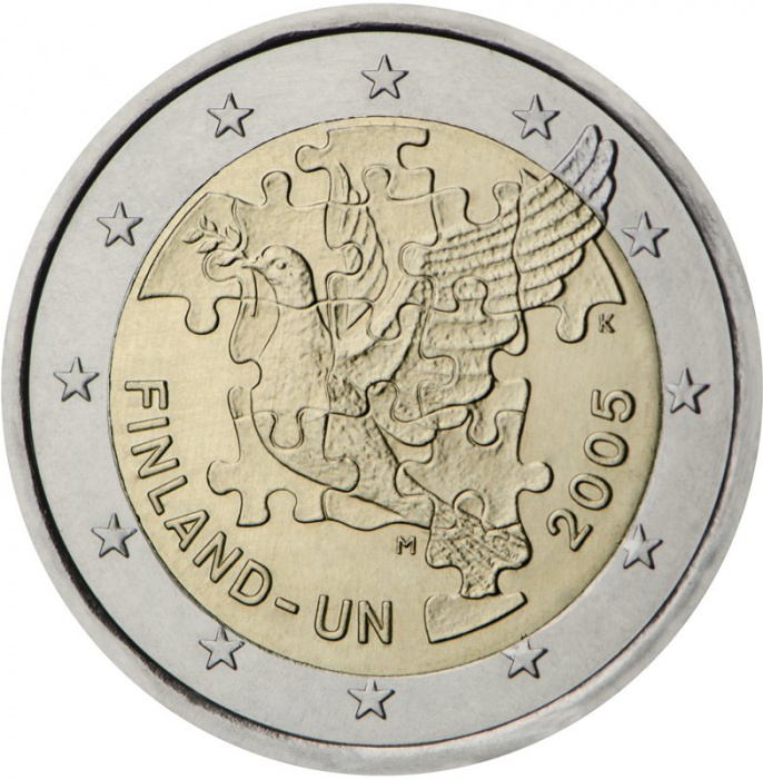 (002) Монета Финляндия 2005 год 2 евро &quot;ООН 60 лет&quot;  Биметалл  UNC